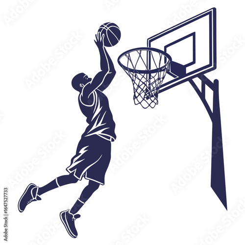 Dynamic silhouette of a basketball player executing a powerful slam dunk