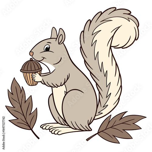 Cute cartoon squirrel holding an acorn surrounded by autumn leaves