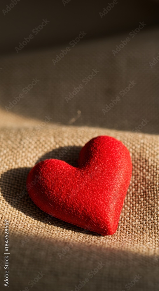 Fototapeta premium A Red Heart on Burlap: A Symbol of Love and Affection