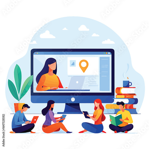 Vector illustration of a man working on a computer and managing his email. Concept for digital communication, business correspondence, and newsletter marketing.