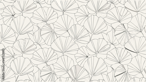 Overlapping ginkgo leaves pattern in black and white with radial lines and subtle shading details