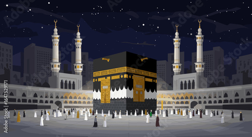 A detailed artistic illustration of the Kaaba at the center, surrounded by pilgrims and various mosque structures, representing the holy city of Mecca.