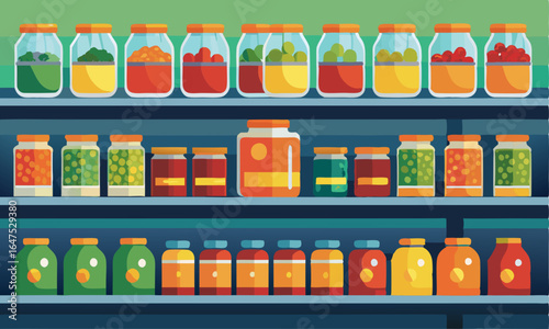 Download Jars Of Food Lining Shelves In Supermarket Vector  . This Icon Concept Isolated Premium Vector. 