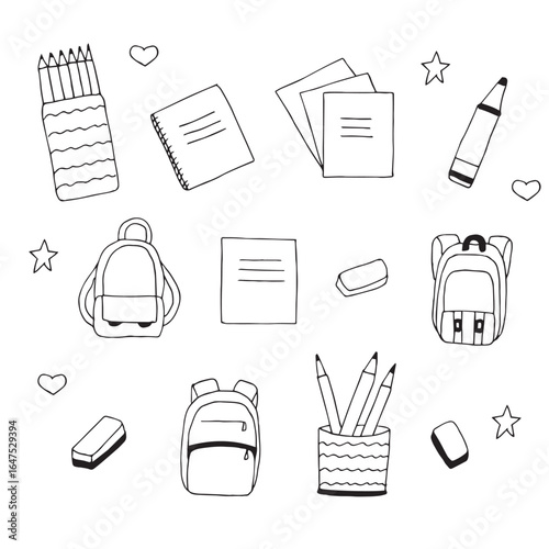 Stationery and school backpacks set of doodles, hand drawing, vector illustration