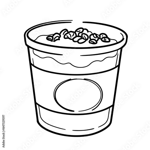 Yogurt with granola in a cup drawn in child's black ink style  