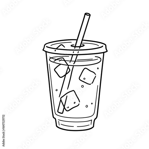 Iced green tea in cup with straw and ice cubes in child's drawing style  