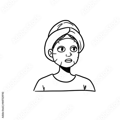 Woman with sheet mask looking pensive in child's black ink drawing  