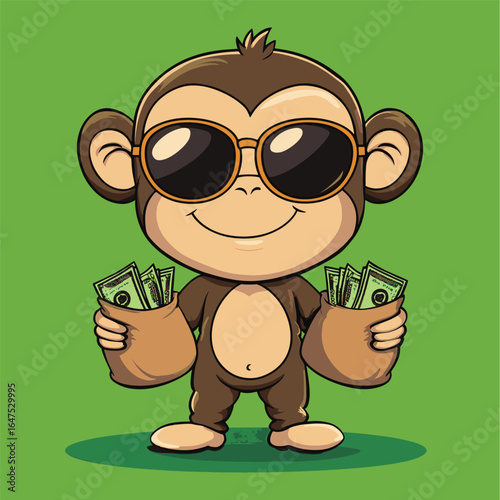 Money Monkey: A cartoon monkey wearing sunglasses, confidently clutches two bulging bags of money, representing wealth and fortune.