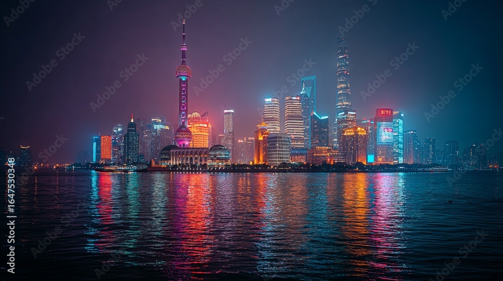 Naklejka premium Vibrant city skyline reflected in the water at night.