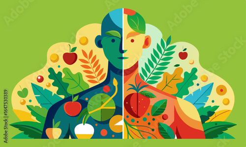 Download An Artistic Representation Of A Human Body Divided Into Two Halves, With Vibrant Organic Elements . This Icon Concept Isolated Premium Vector. 