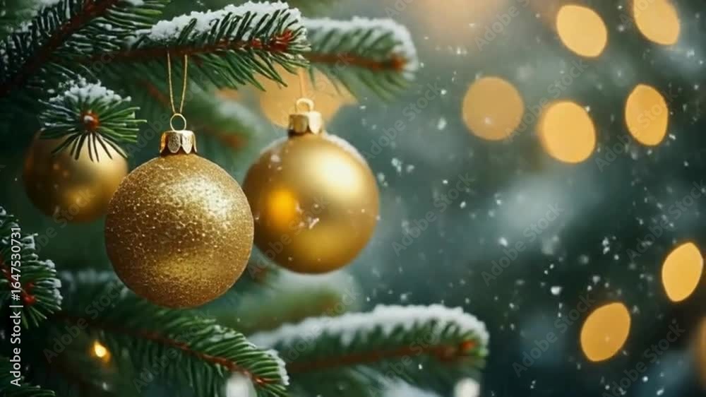 Golden Christmas ornaments shimmering on a pine branch with sparkling snow and magical winter background