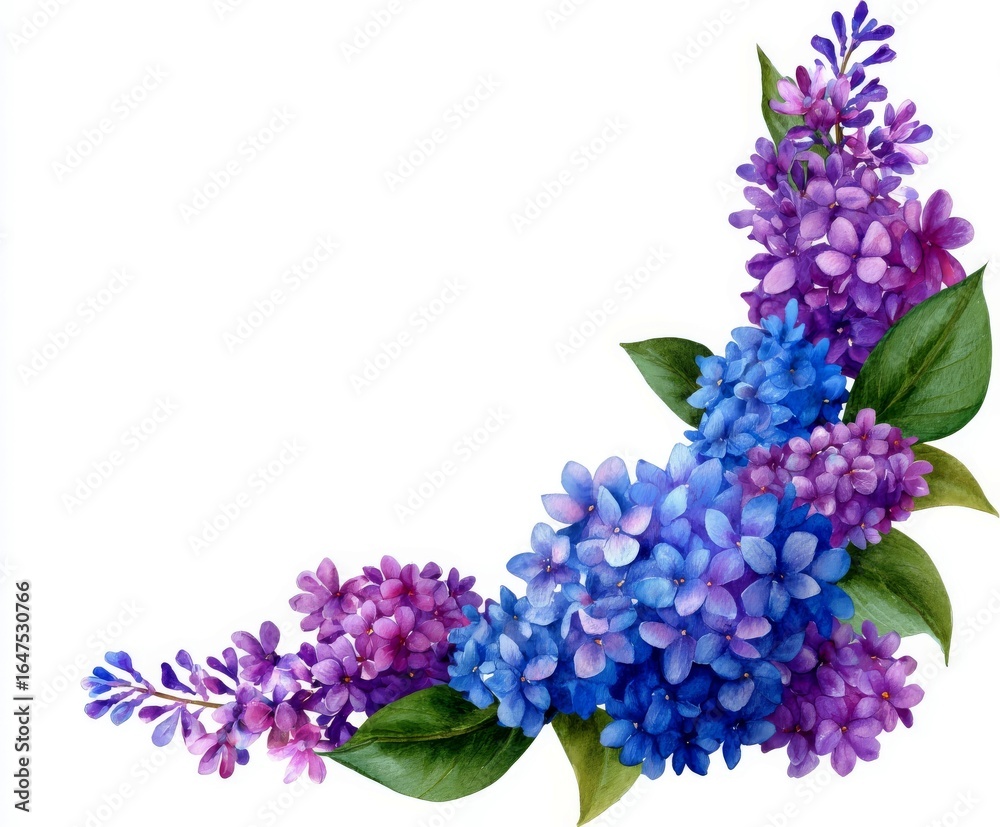 Fototapeta premium Watercolor floral illustration showcases a stunning arrangement of blue hydrangeas and delicate lilacs, perfect for decorative or design purposes
