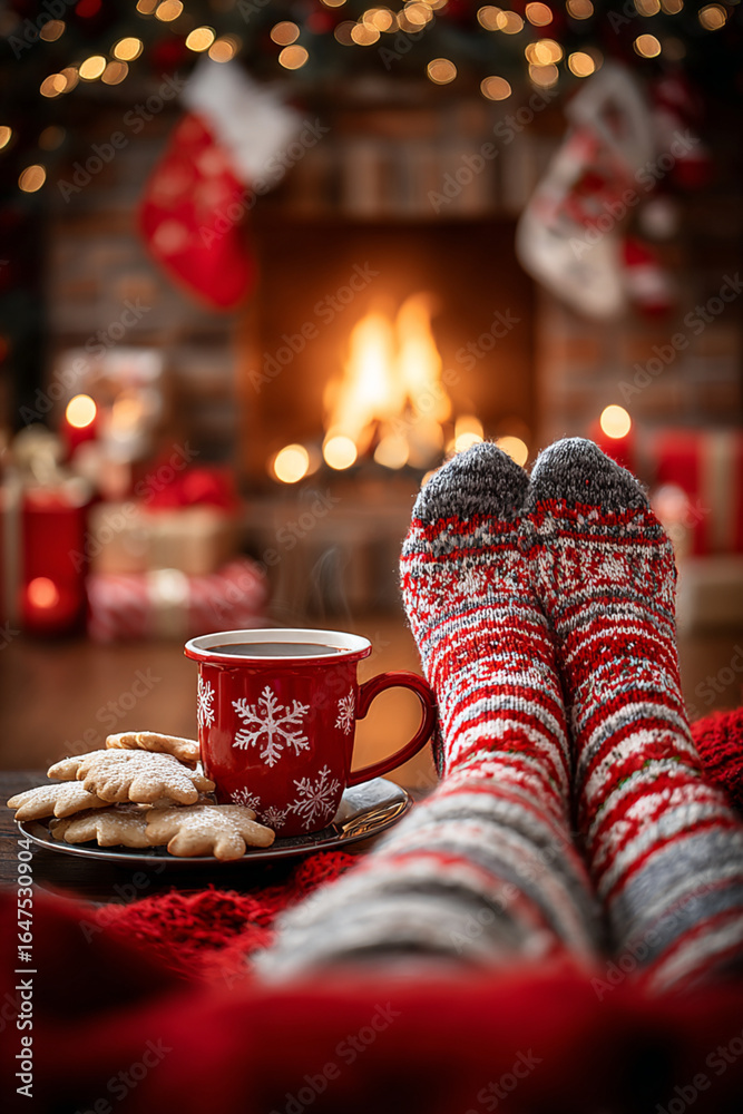 custom made wallpaper toronto digitalCozy Christmas scene with striped socks, festive mug, cookies, and warm fireplace background