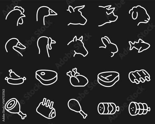 Simple set of meat vector icons. Contains icons such as pork, beef, goose, rabbit, duck, horse, turkey, fish and more.	