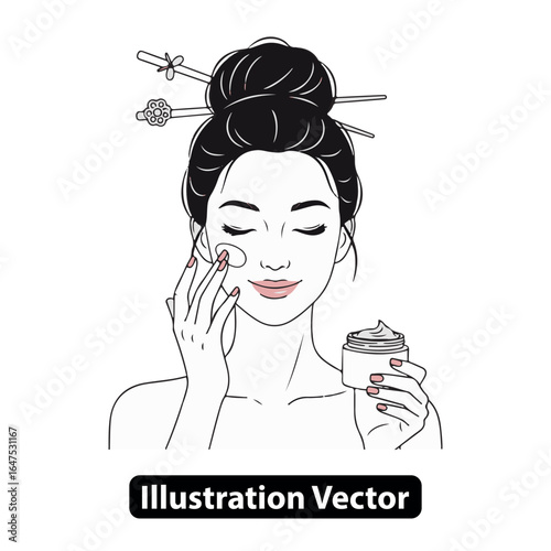 Elegant woman with traditional hairpins applying face cream for a daily beauty skincare routine