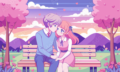 Download Couple Sweet Kissing Siting On Bench In Park Romantic Scenery Pastel Vector Illustration . This Icon Concept Isolated Premium Vector. 