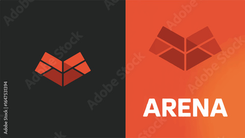 Red Geometric Fox Logo and Arena Text on Split Backgrounds abstract