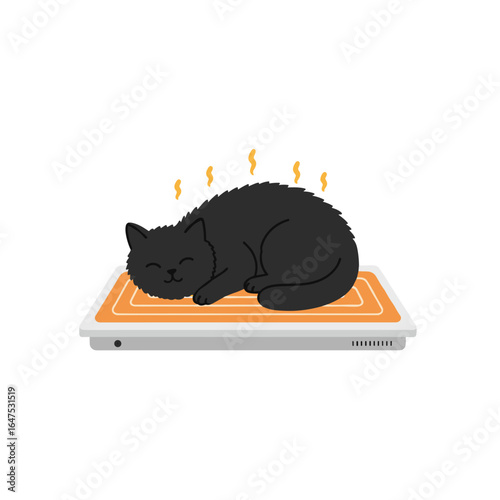 Flat icon of fluffy black cat stretched out across warm smart floor heating panel, relaxed pose, isolated