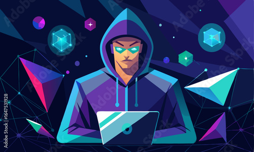 Download Abstract Polygonal Hacker With Laptop On Technology Dark Background . This Icon Concept Isolated Premium Vector. 