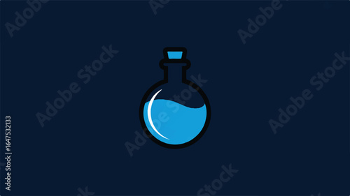 Simple flat icon of a round glass flask filled with blue liquid on a dark blue background vial