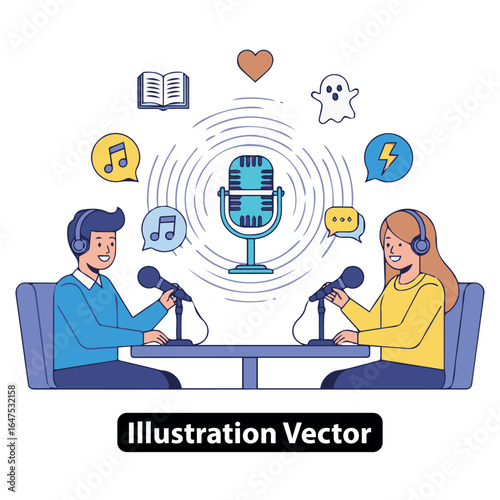 Man and woman hosting a podcast show, recording a live broadcast conversation with microphones.