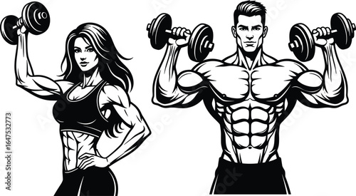 Muscular man and woman lifting dumbbells, flexing biceps, detailed bodybuilding anatomy, fitness workout illustration for gym, sport, and training designs