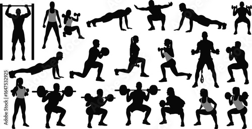 Silhouette set of workout poses, strength training exercises, bodyweight and weightlifting stances, gym fitness routine reference, athletic movement vector illustration