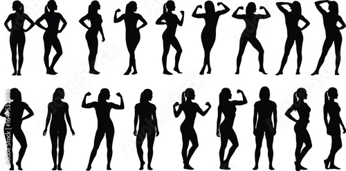 Silhouettes of confident standing poses, flexing muscles, hands on hips, athletic body shapes, fitness, bodybuilding, gym workout, strength training illustration