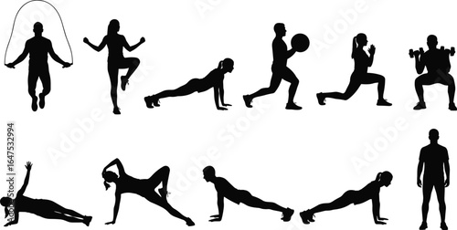 Silhouettes of diverse fitness exercises, jump rope, plank, lunges, squats, side plank, stretching, strength training, gym workout, athletic movement illustration