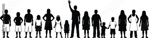 Silhouettes of diverse group of people standing in line, adults and children, community gathering, family crowd, human posture reference illustration