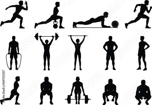 Silhouettes of fifteen fitness exercises, running, kettlebell lunges, planking, skipping rope, weightlifting, squats, deadlifts, gym training, sport movement vector