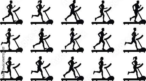 Silhouettes of twelve treadmill running poses, male and female athletes in sportswear, exercise, fitness training, anatomy reference vector illustration set
