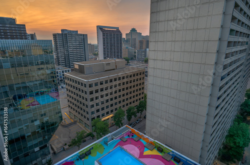 Sunrise over skyscrapers in downtown Winnipeg, Manitoba, Canada