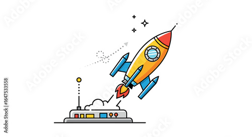 A cartoon rocket ship launching from a control panel with stars and smoke trails.