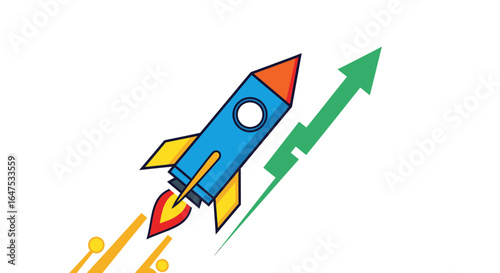 Colorful rocket illustration soaring upwards, symbolizing growth and success.