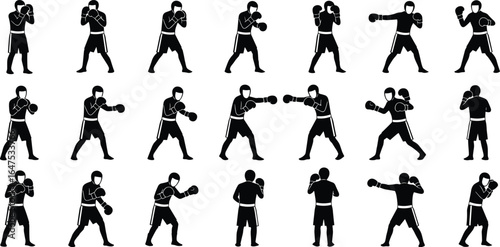 Twenty boxing silhouettes — offensive punches, defensive blocks, dynamic movement, various stances, sports training, martial arts, fitness illustration reference set