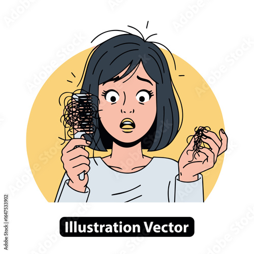 Illustration of a shocked woman holding a brush with hair loss, a concept of alopecia and thinning