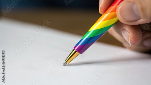 Hand holding rainbow pen poised to write on blank white paper, close up macro shot capturing colorful striped pen tip and fingers in soft light