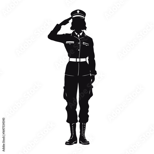 An illustration of a woman and a man, both in silhouette, with a woman in military uniform holding a rifle