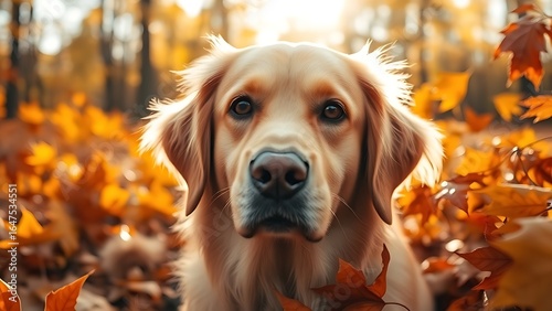 Golden Retriever portrait in autumn leaves with soft sunlight
