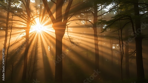 Sunlight through misty forest canopy