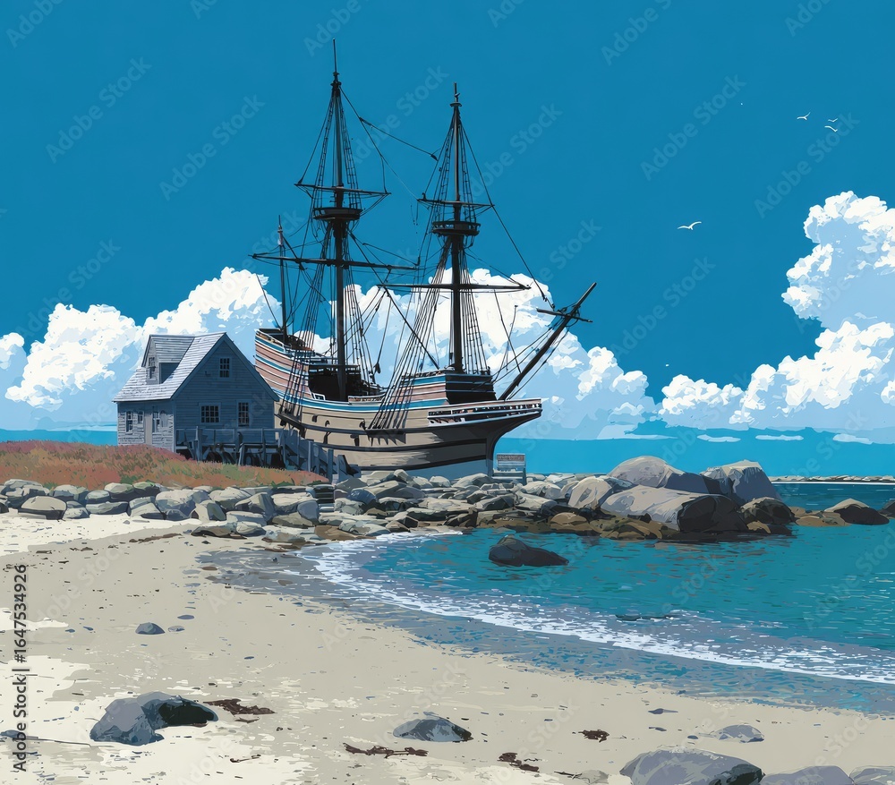 Obraz premium Coastal scene, historical ship docked on beach