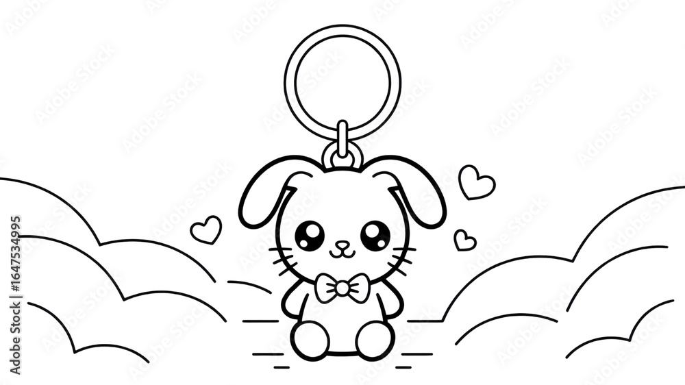 Obraz premium Adorable Bunny Keychain Illustration Kawaii Style Line Art Design
