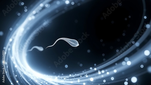 Quantum sperm cells navigating warped spacetime, their trails defying gravitational laws.