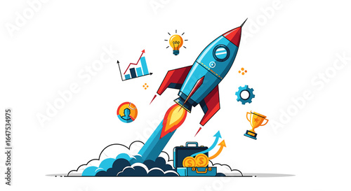 A vibrant rocket launching upwards, symbolizing rapid business growth and success, surrounded by icons representing ideas, progress, and achievement.