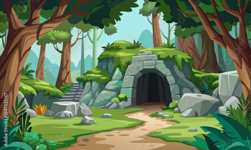 Download Empty Stone Caves Entrance In The Forest And Jungle. Wild Caves Opened On Lawn Among The Trees. Vector Illustrations . This Icon Concept Isolated Premium Vector. 