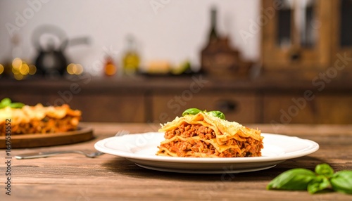 Delicious Homemade Lasagna Slice on a White Plate with Fresh Basil.