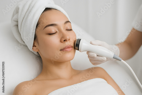 Woman Receiving Professional RF Lifting Facial Treatment at a Beauty Spa
