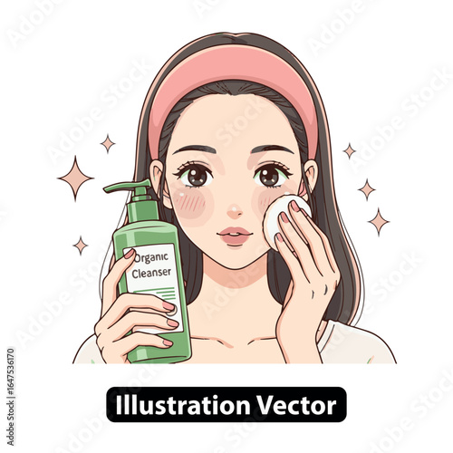 Beautiful Woman Cleansing Her Face with Organic Cleanser and Cotton Pad