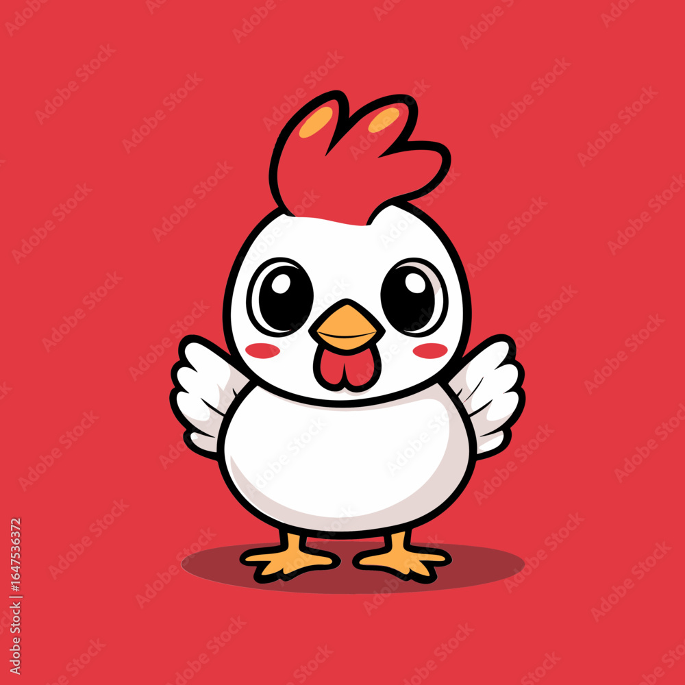 Obraz premium Cute Chick Illustration: A charming cartoon illustration of a fluffy, white chick with an endearing expression, set against a vibrant red backdrop. The design evokes a sense of warmth and playfulness.